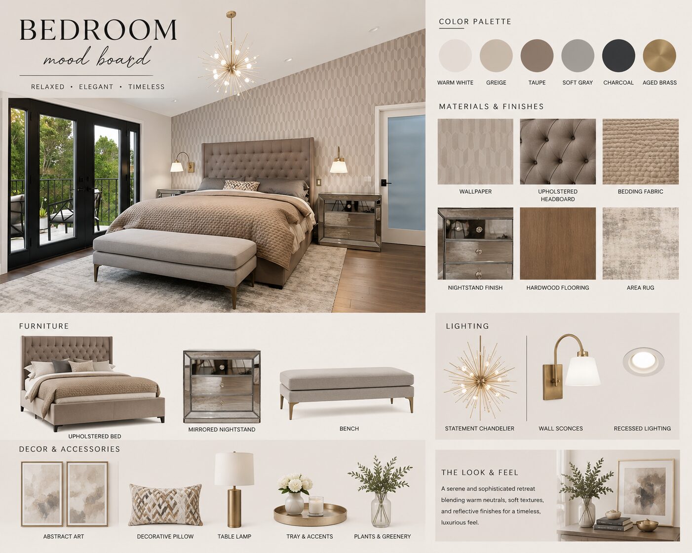 Contemporary bedroom mood board with mirrored nightstands and brass starburst chandelier