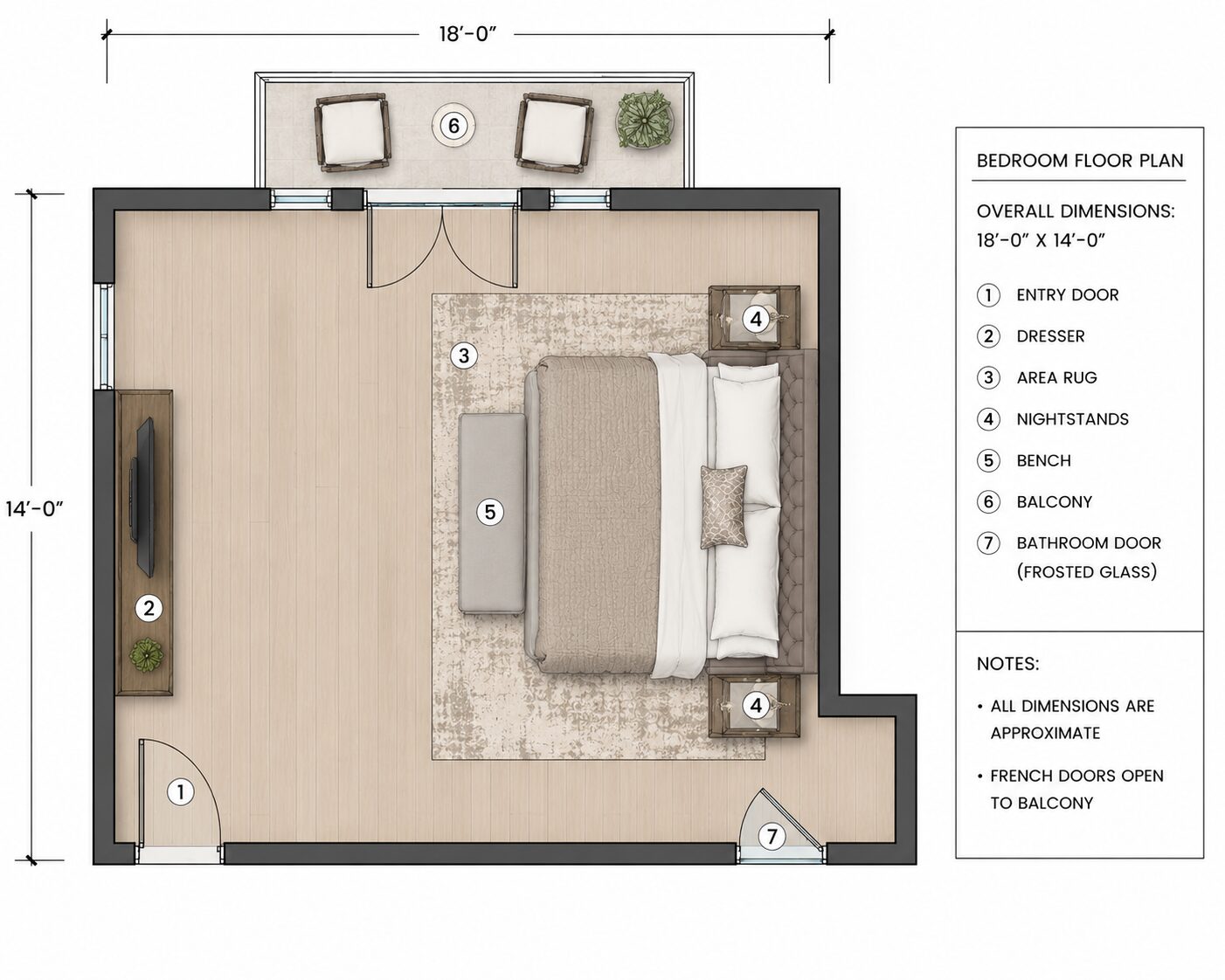 Contemporary bedroom floor plan with balcony, bench, and nightstands