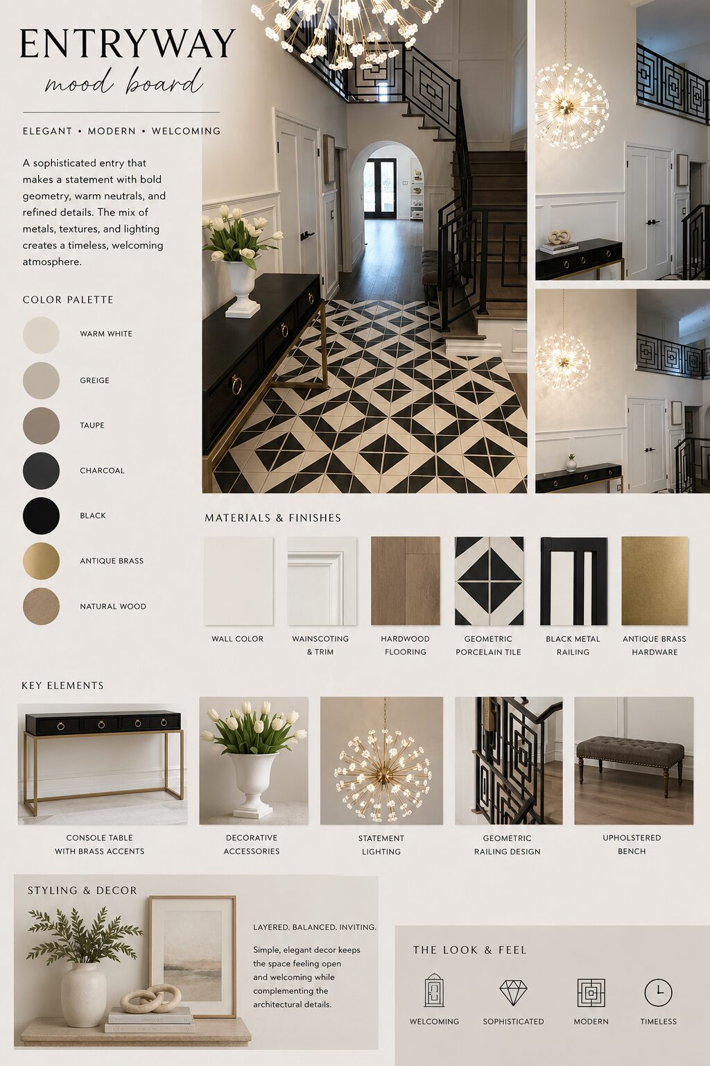 Entryway mood board with color palette and material swatches