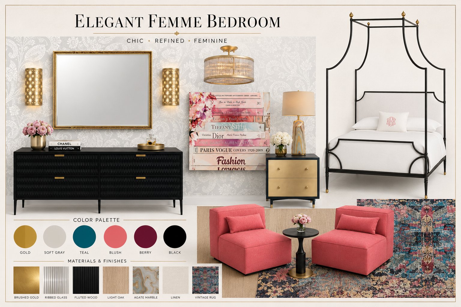 Elegant femme bedroom mood board with gold, teal, blush, and berry color palette