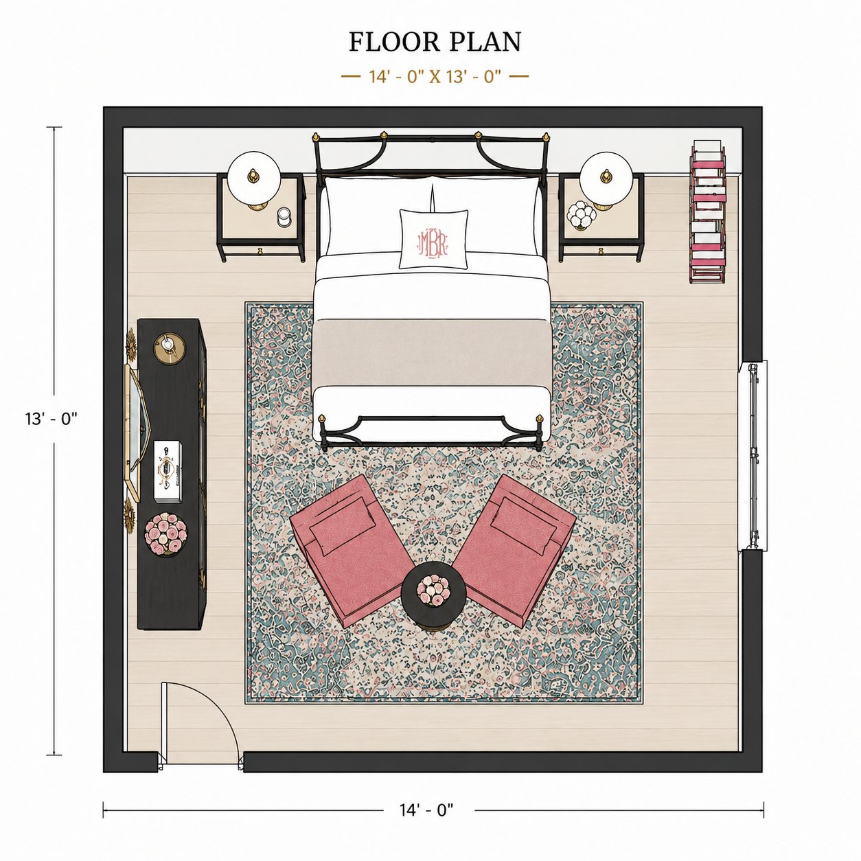 Elegant femme bedroom floor plan with canopy bed, nightstands, dresser, and lounge chairs