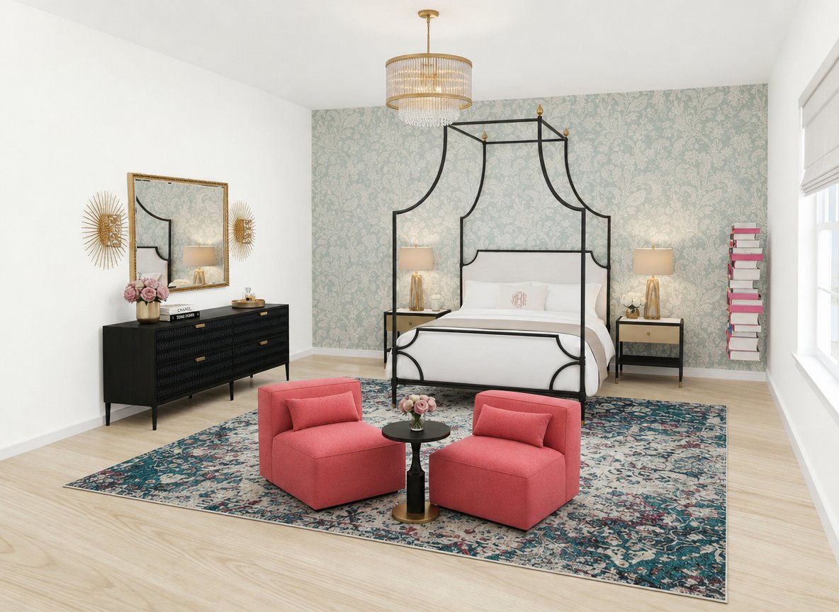 Elegant femme primary bedroom render with black iron canopy bed, blush accents, and brass chandelier
