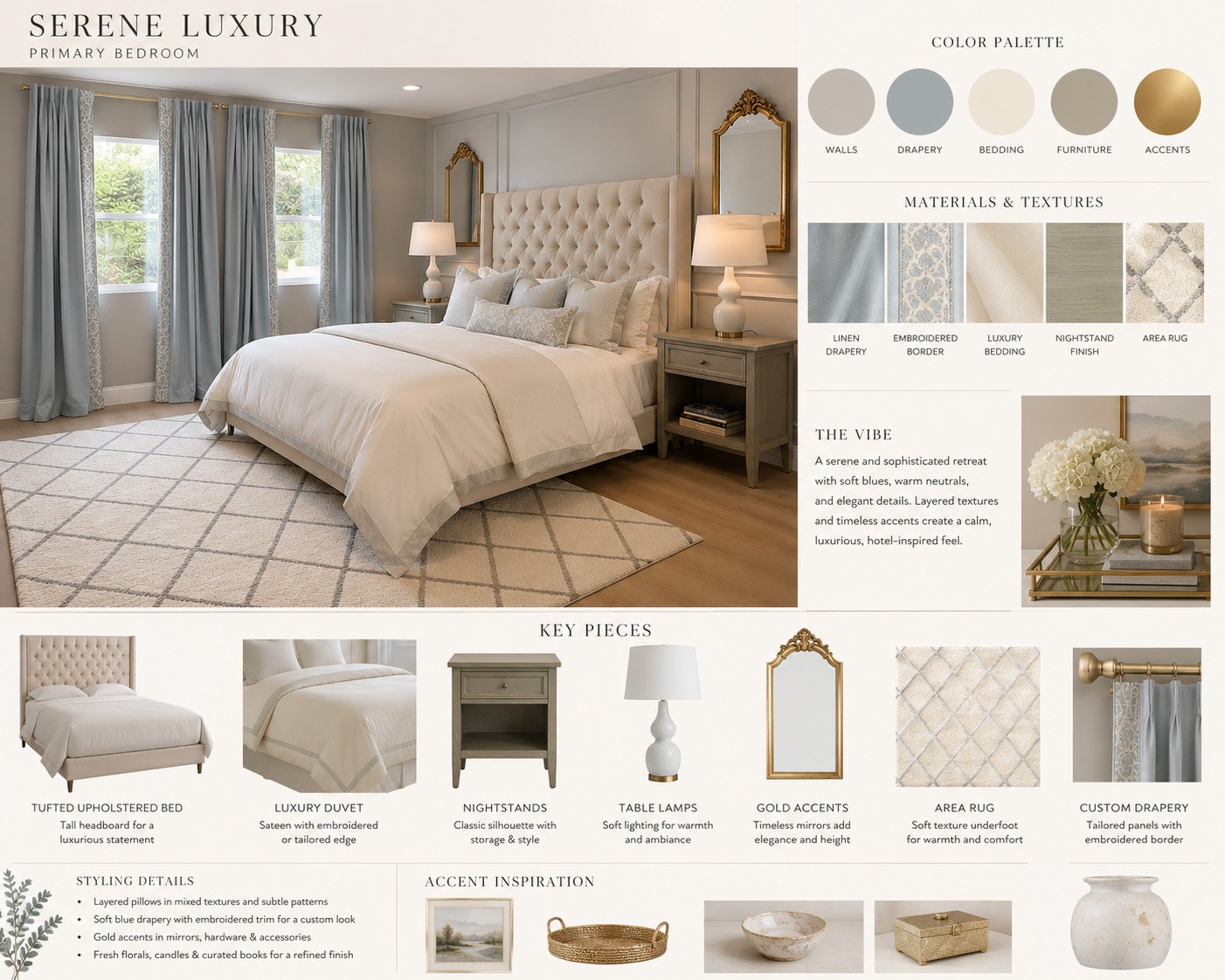 Serene luxury bedroom mood board with soft blue, taupe, and gold color palette