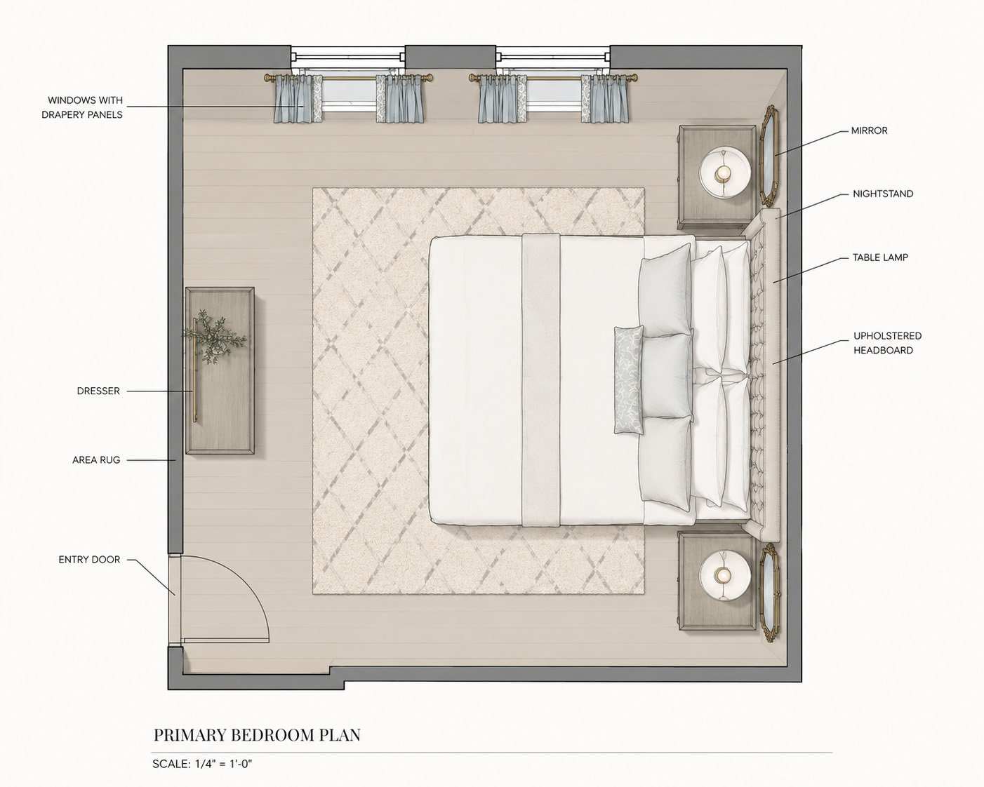 Serene luxury bedroom floor plan with bed, nightstands, dresser, and drapery windows
