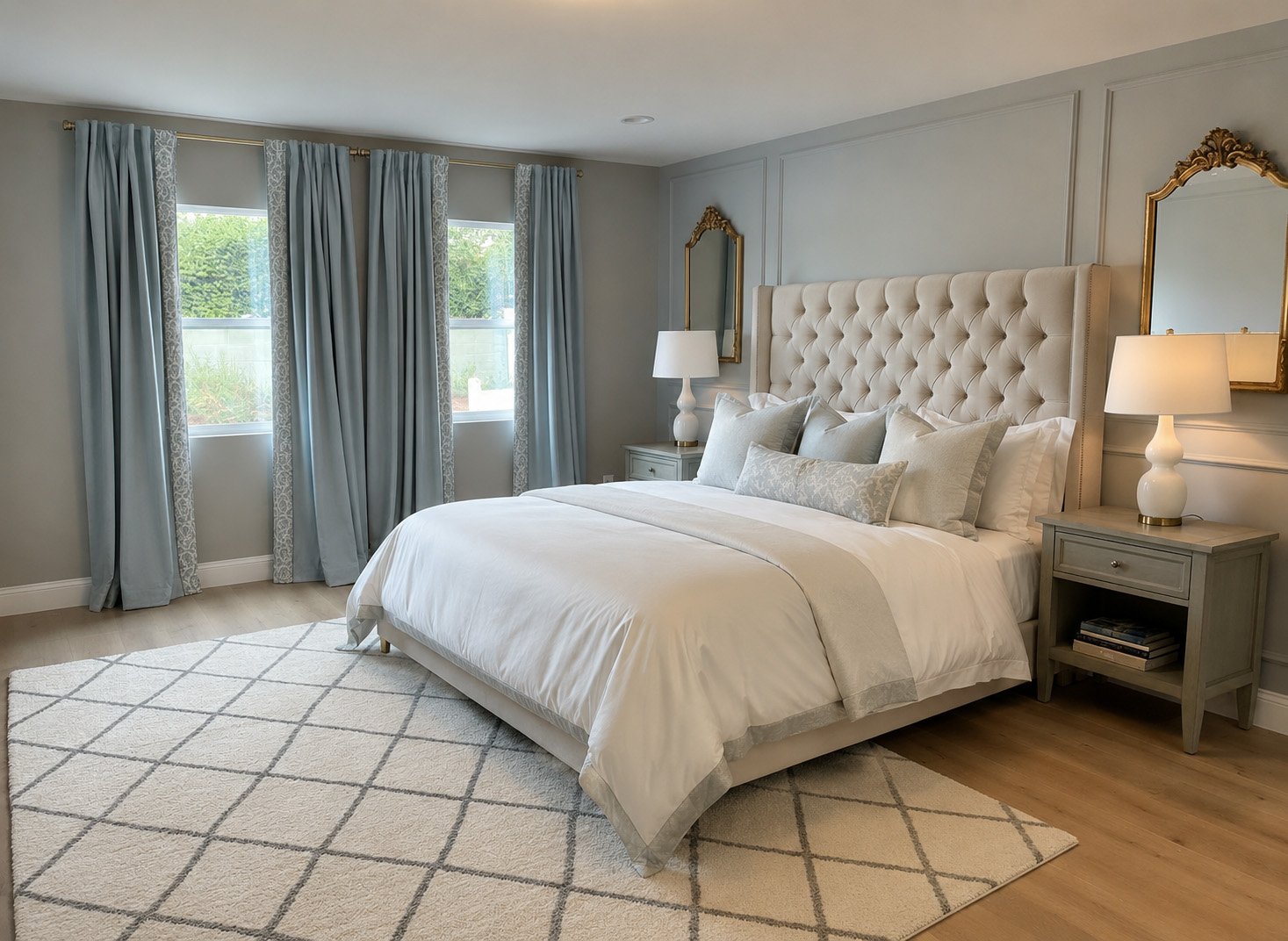 Serene luxury primary bedroom render with tufted headboard, blue drapery, and gold arched mirrors