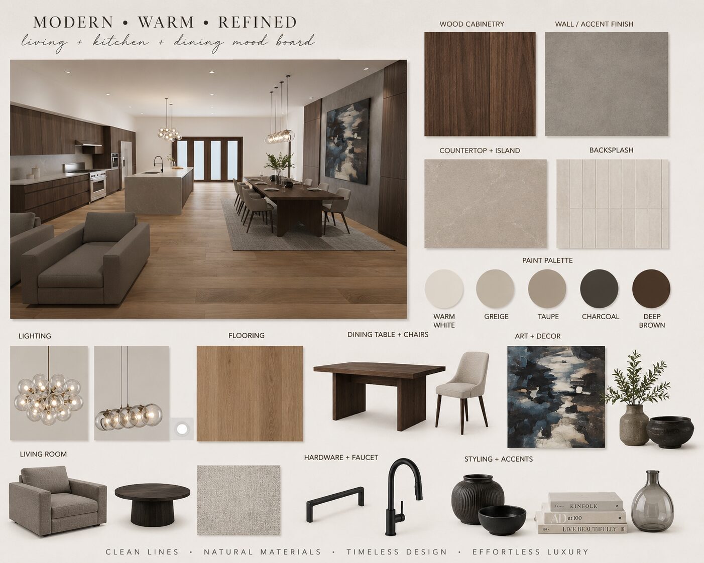 Kitchen and dining mood board with wood cabinetry and countertop swatches