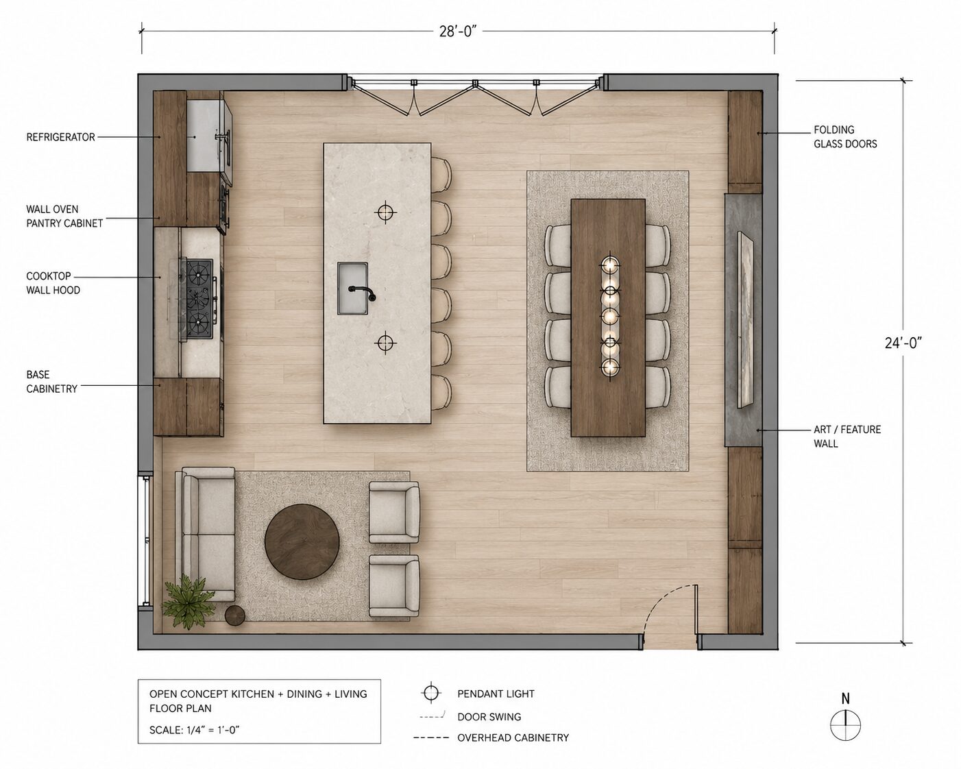 Open concept kitchen, dining, and living floor plan with dimensions