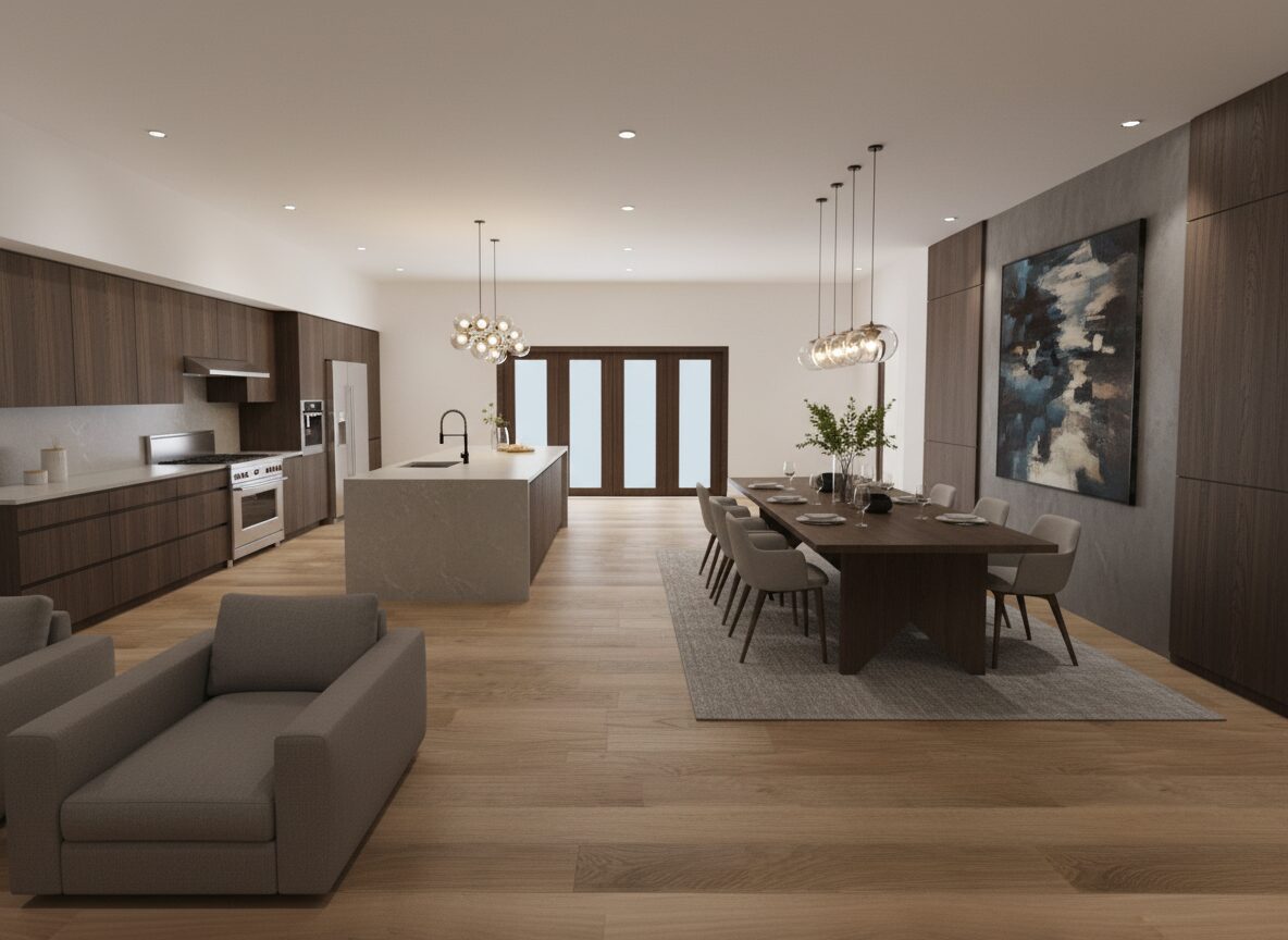 Open concept modern walnut kitchen, dining, and living space