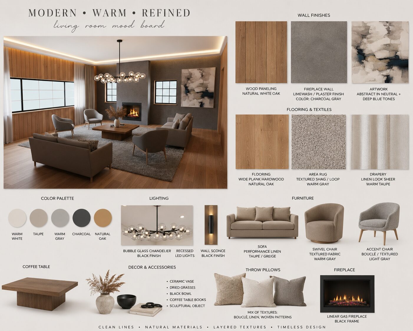Living room mood board with wood paneling, fireplace finish, and furniture swatches