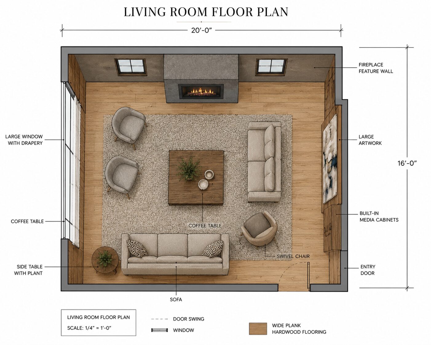 Living room floor plan with sofa, swivel chairs, fireplace feature wall, and built-in media cabinets