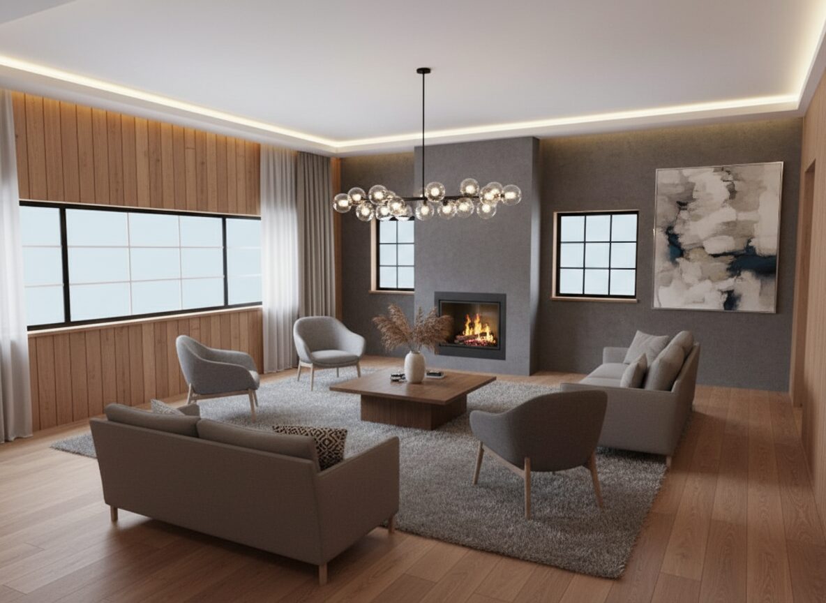 Modern warm refined living room render with wood paneling, charcoal fireplace wall, and swivel chairs