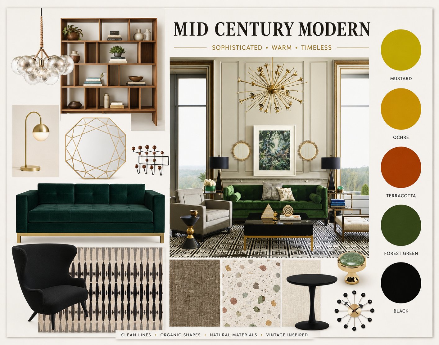 Mid century modern mood board with mustard, ochre, terracotta, and forest green color palette