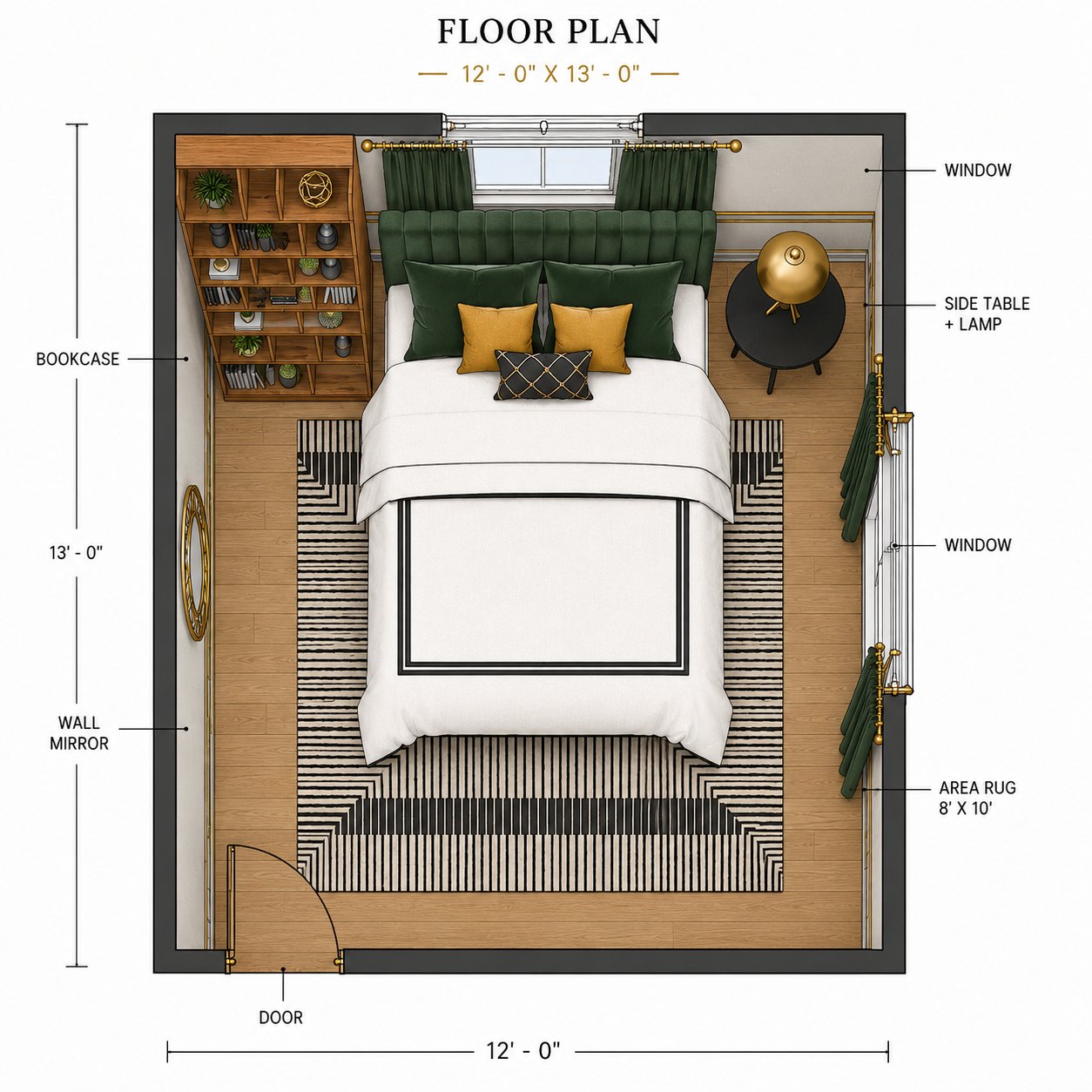 Mid century modern bedroom floor plan with bed, bookcase, side table, and windows