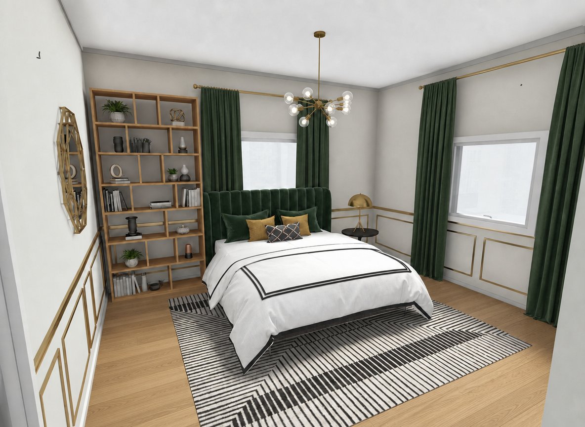 Mid century modern bedroom render with forest green channel-tufted headboard and brass sputnik chandelier