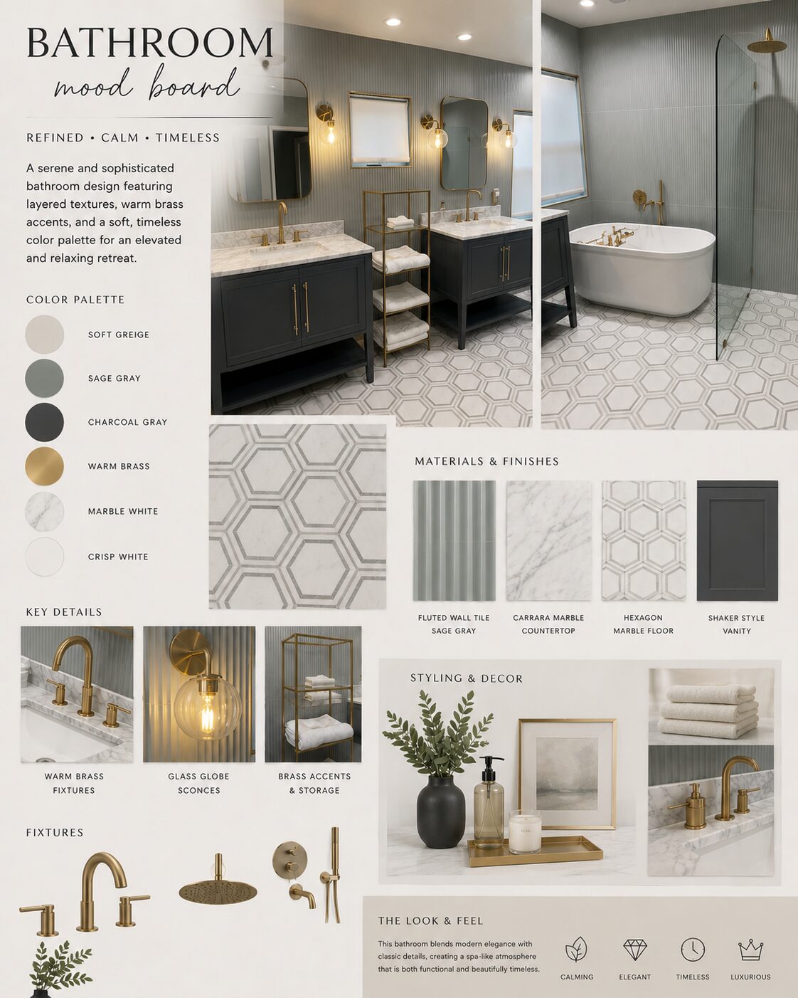 Modern bathroom mood board with fluted tile and brass fixtures