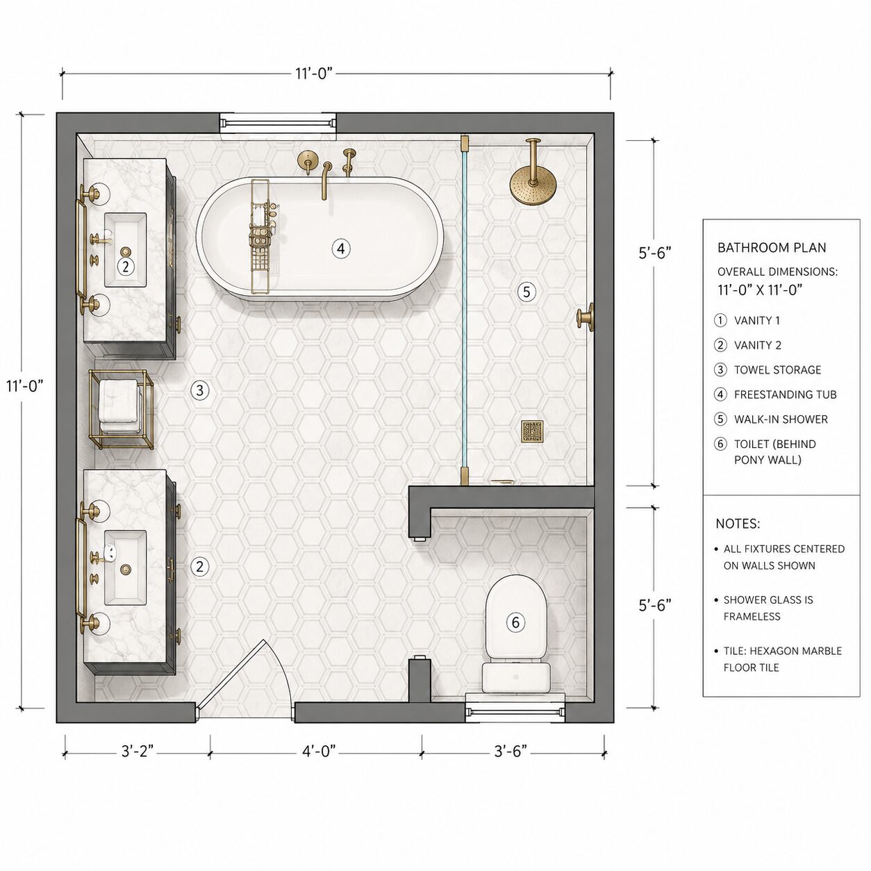 Modern bathroom floor plan with dual vanities, freestanding tub, and walk-in shower