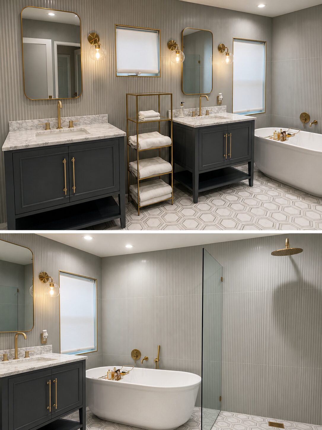 Modern primary bathroom render with dark vanities, brass fixtures, and hexagon marble floor