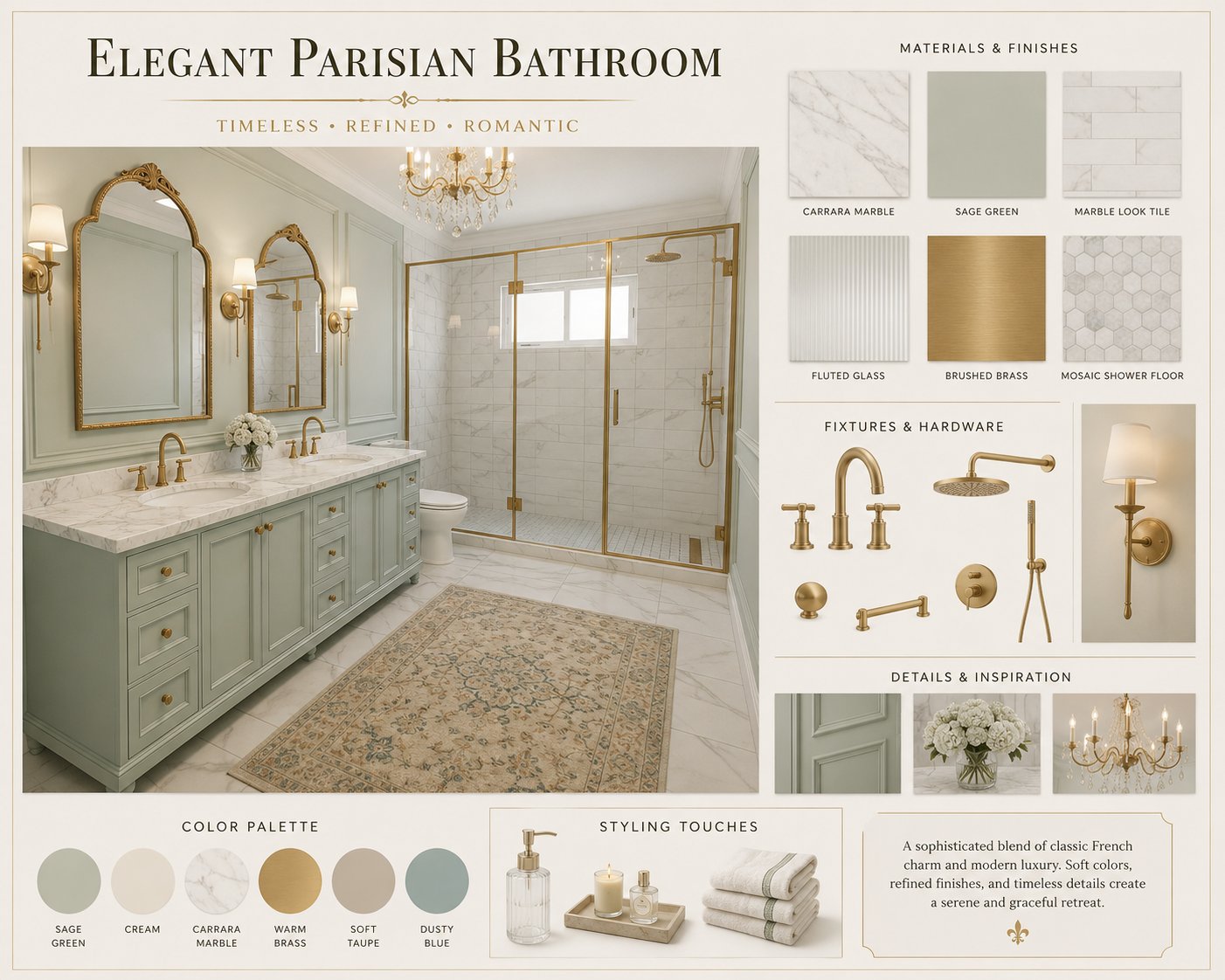 Elegant Parisian bathroom mood board with sage, cream, and brushed brass palette