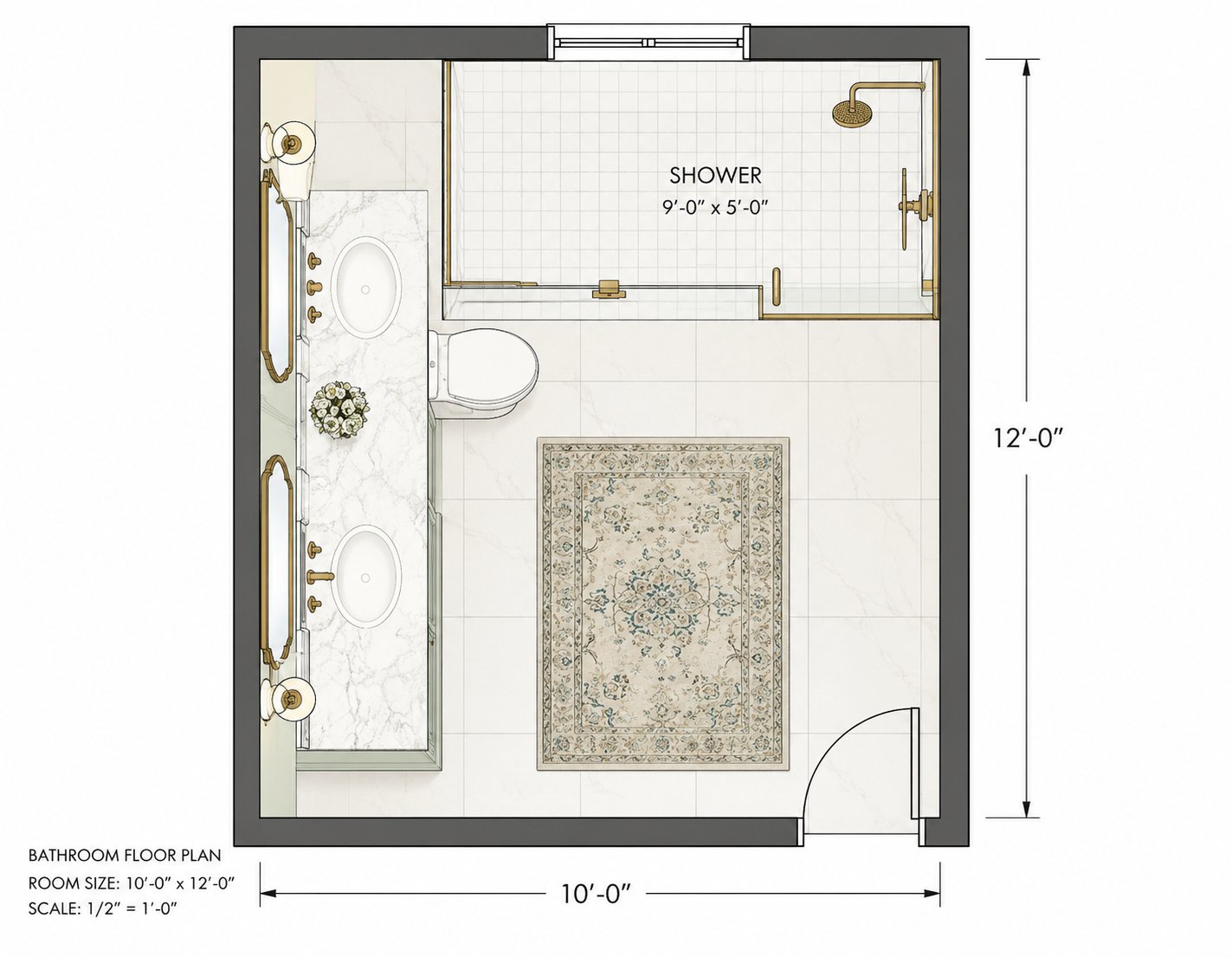 Elegant Parisian bathroom floor plan with double vanity, toilet, and walk-in shower