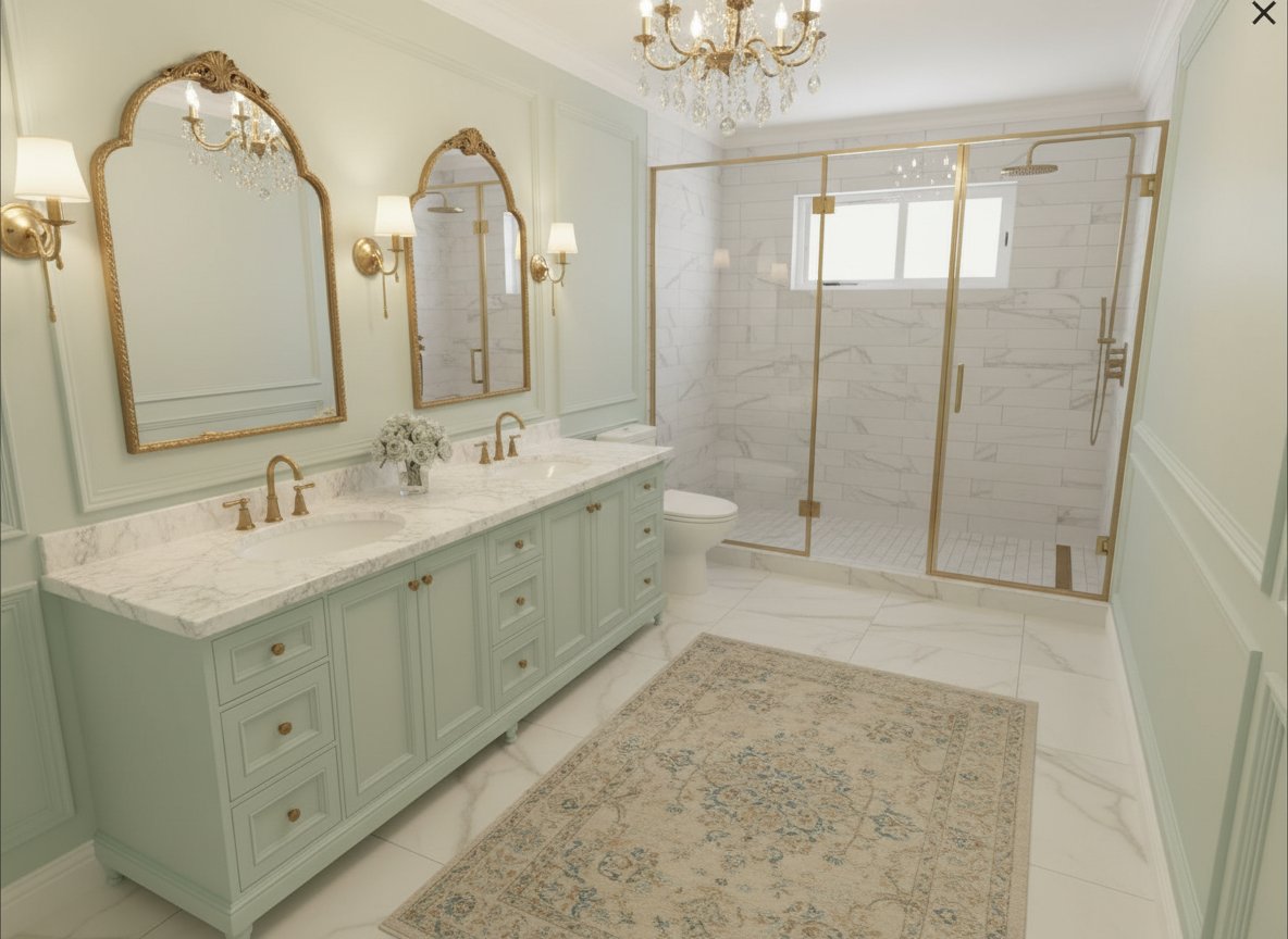Elegant Parisian bathroom render with sage double vanity, gold arched mirrors, and crystal chandelier