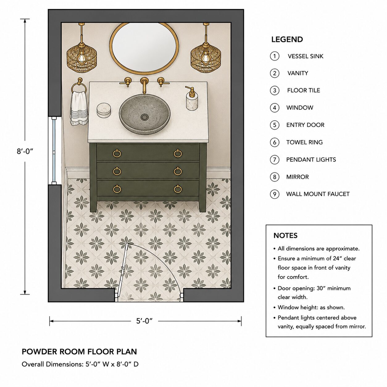 Powder room floor plan with vessel sink, vanity, and patterned tile