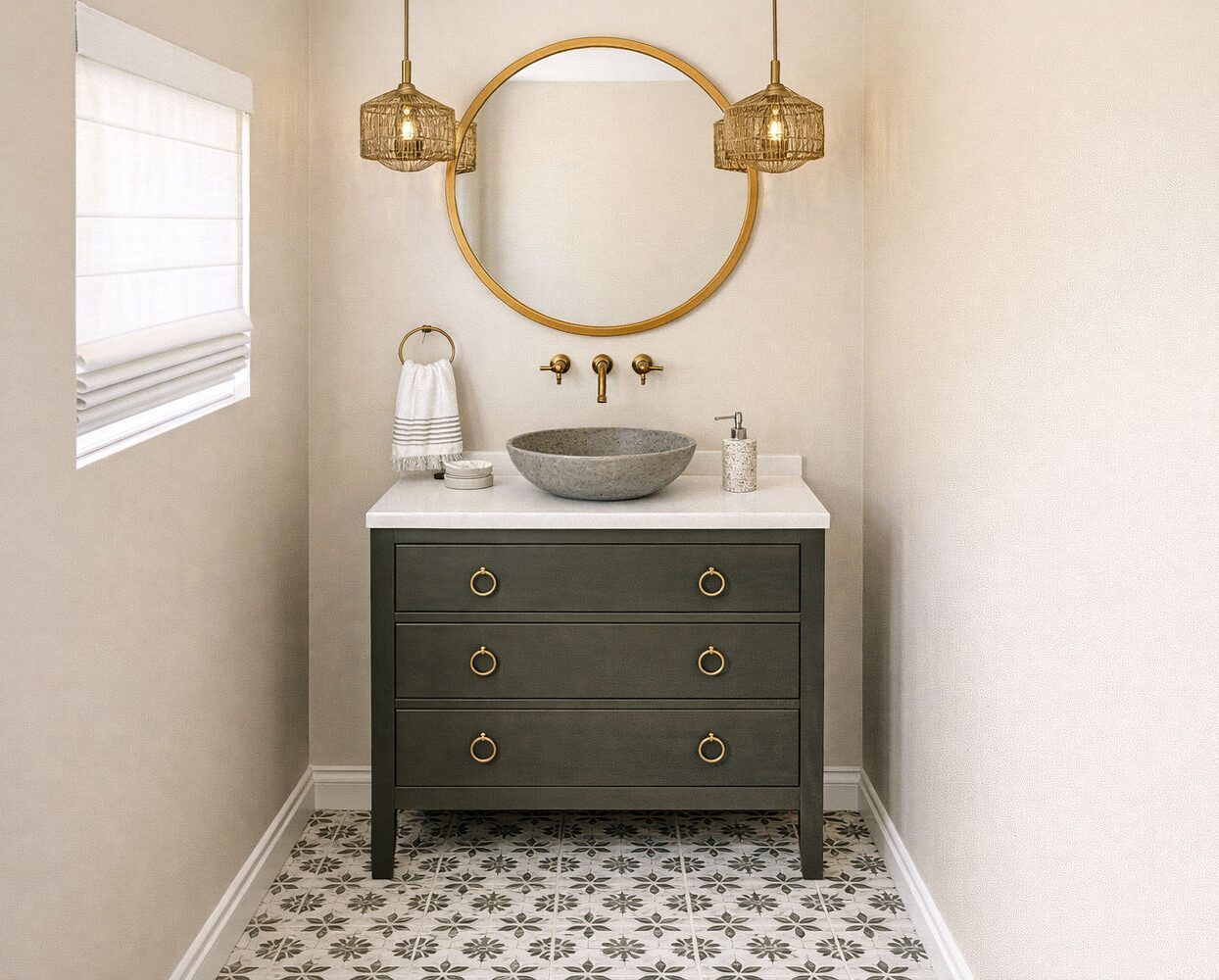 Spanish style powder room render with round brass mirror and patterned tile floor