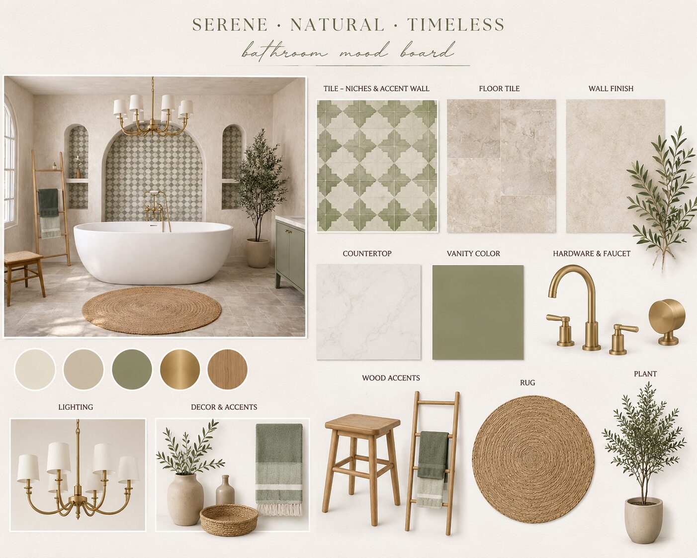 Spanish modern bathroom mood board with tile, countertop, and brass hardware swatches