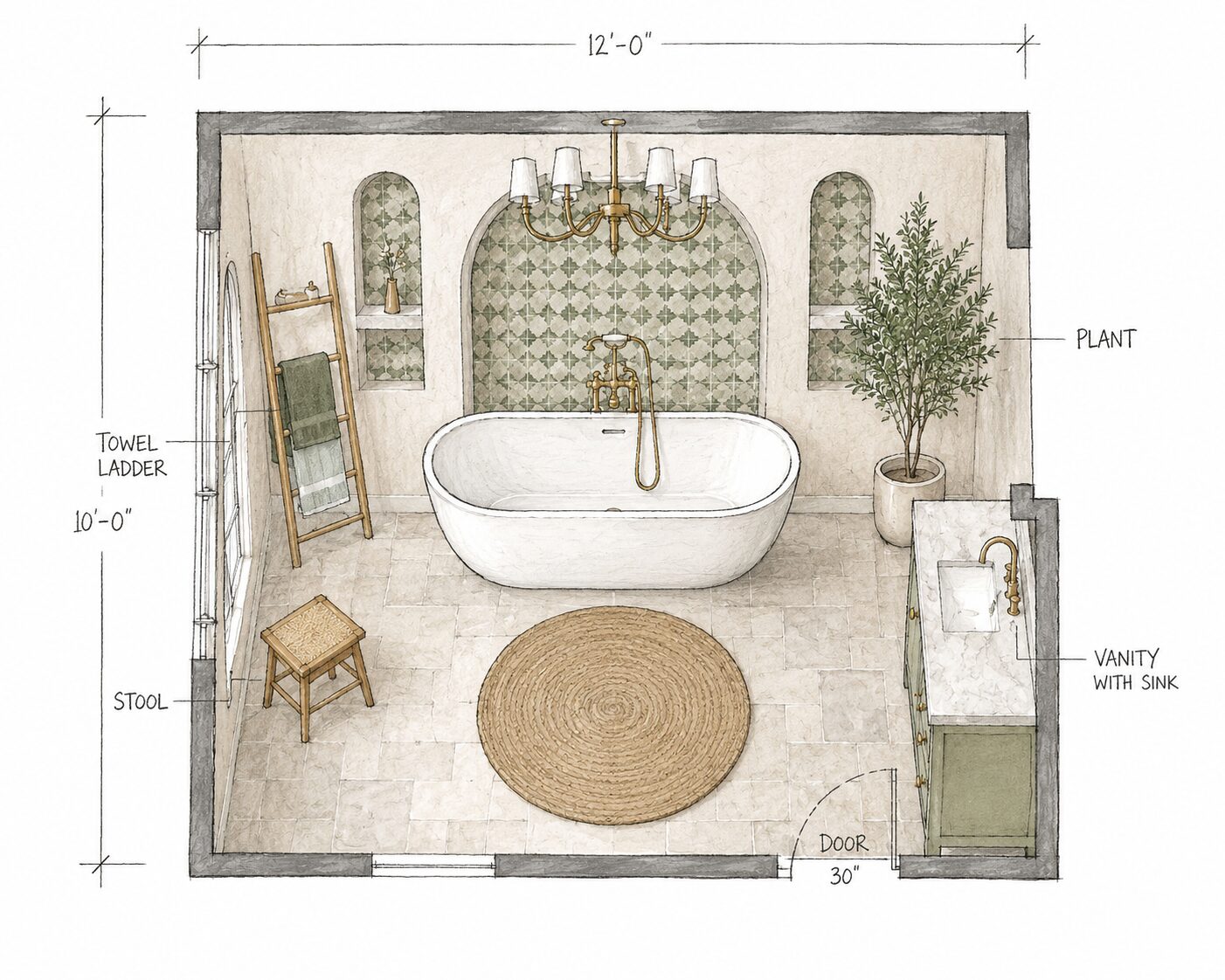 Spanish modern bathroom floor plan with freestanding tub, vanity, towel ladder, and stool