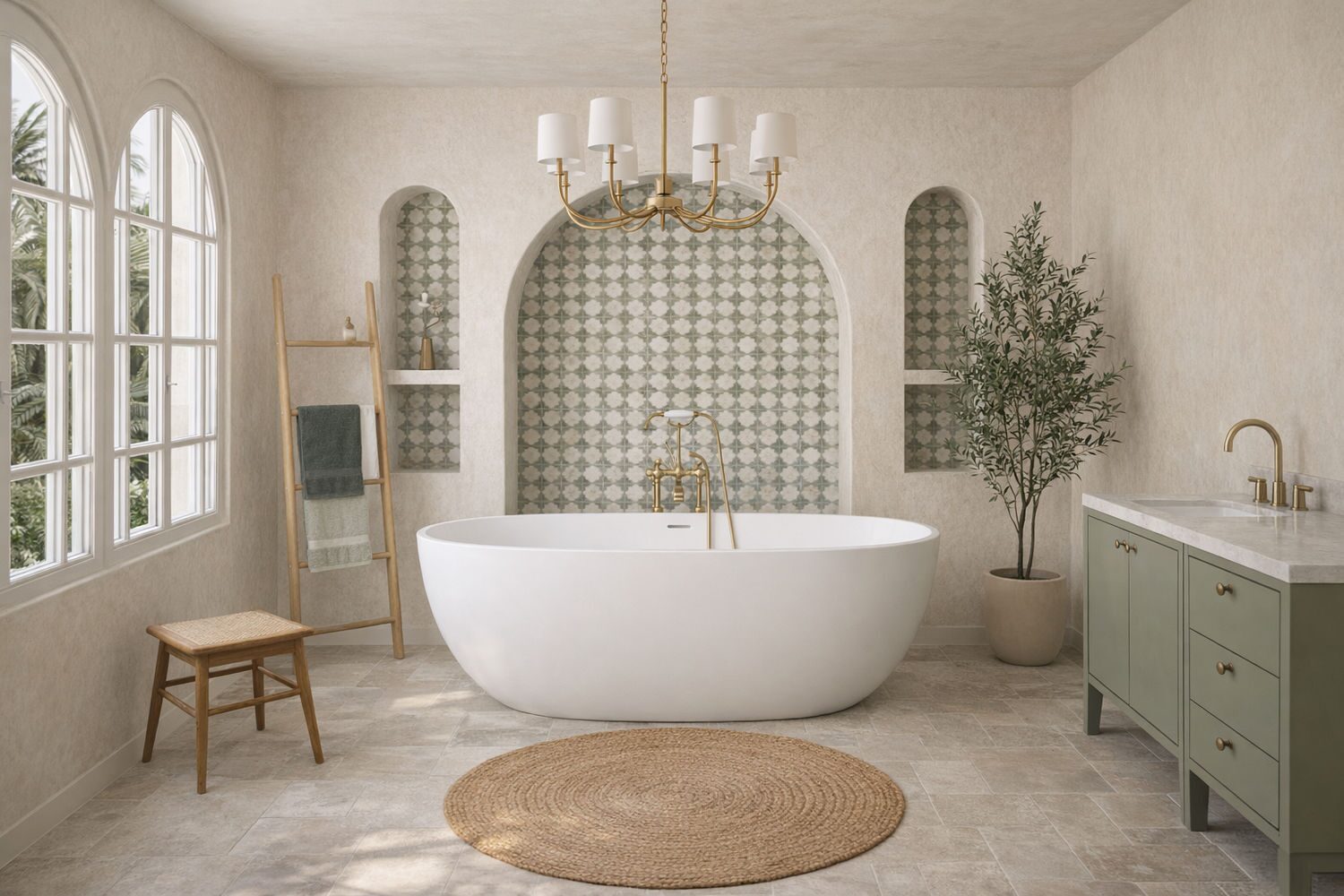 Spanish modern primary bathroom with freestanding tub and arched tile niche