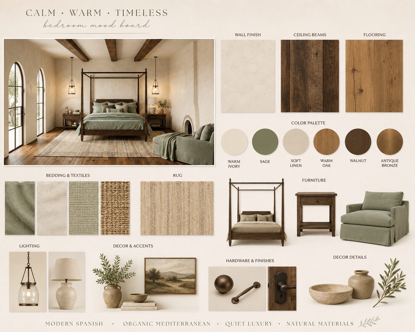 Modern Spanish bedroom mood board with sage, walnut, and antique bronze color palette