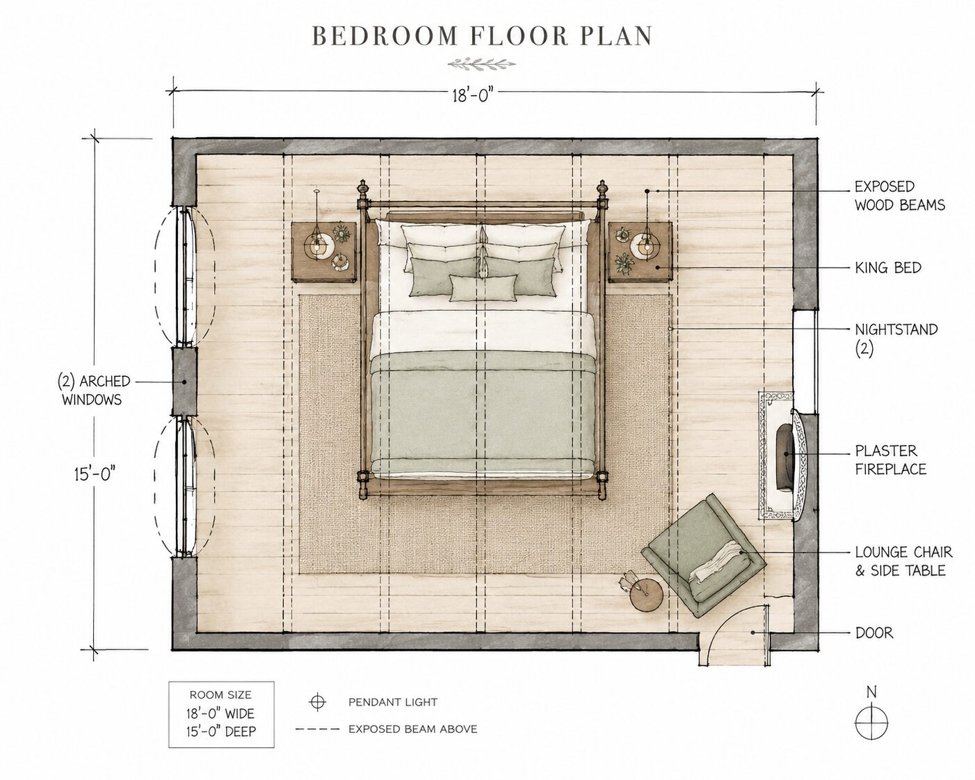 Modern Spanish bedroom floor plan with arched windows, king bed, fireplace, and lounge chair