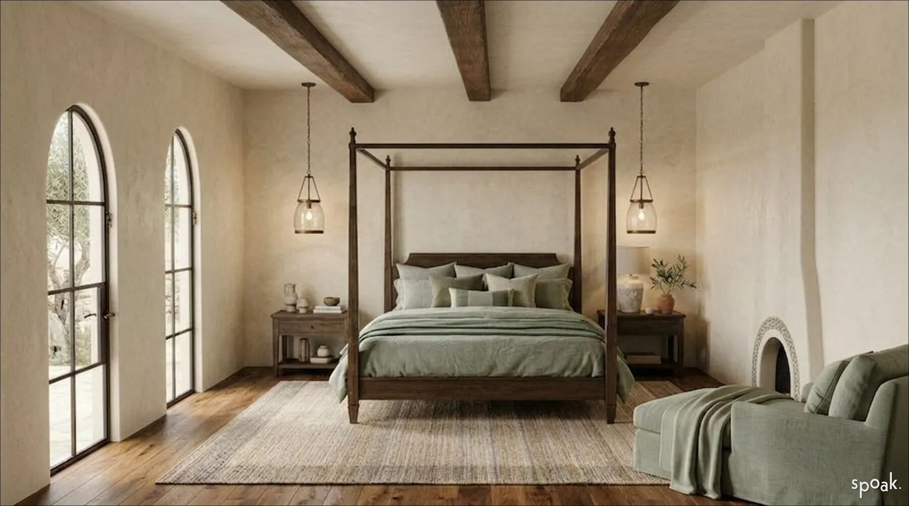 Modern Spanish style bedroom render with canopy bed, exposed wood beams and arched windows