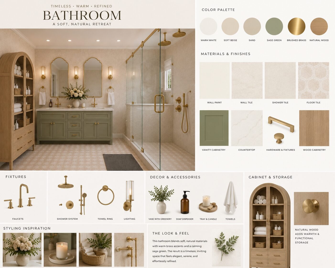 Bathroom materials board with sage cabinetry, marble countertop, and brass fixtures