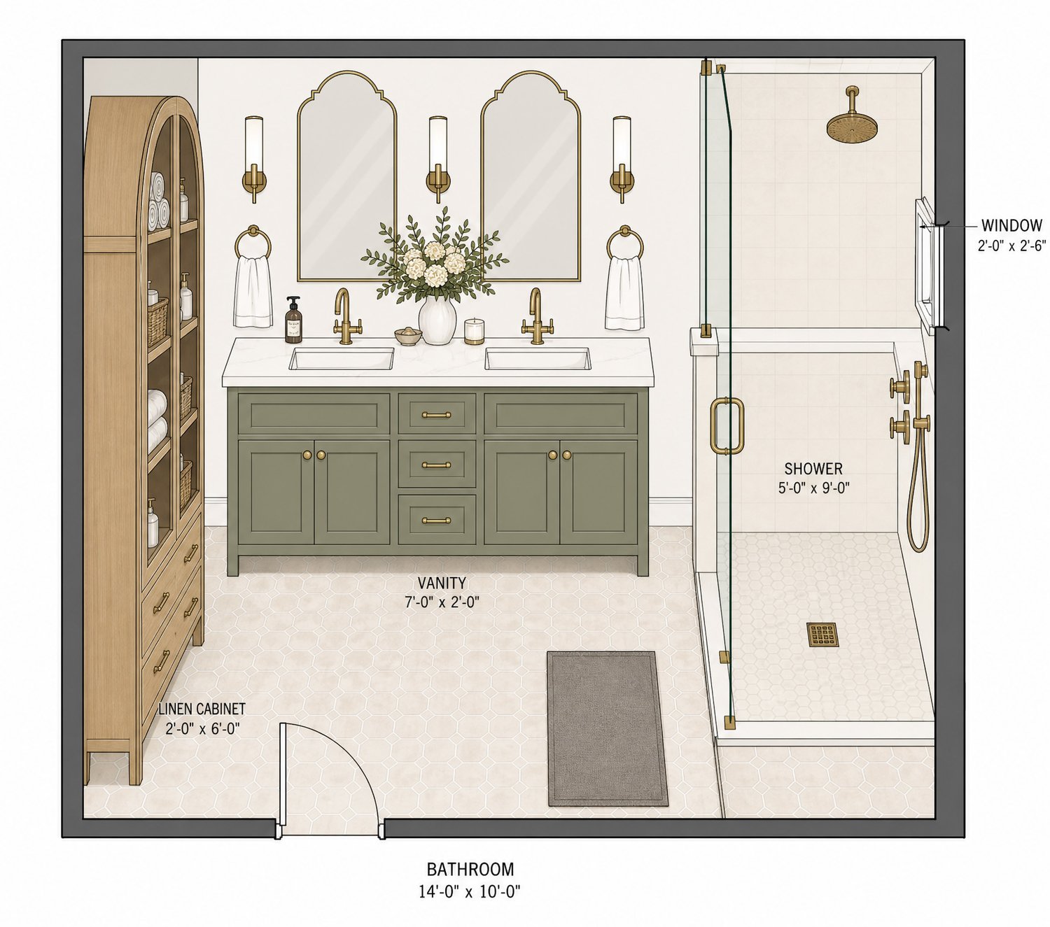 Primary bathroom floor plan with dual sinks, vanity, shower, toilet, and linen cabinet
