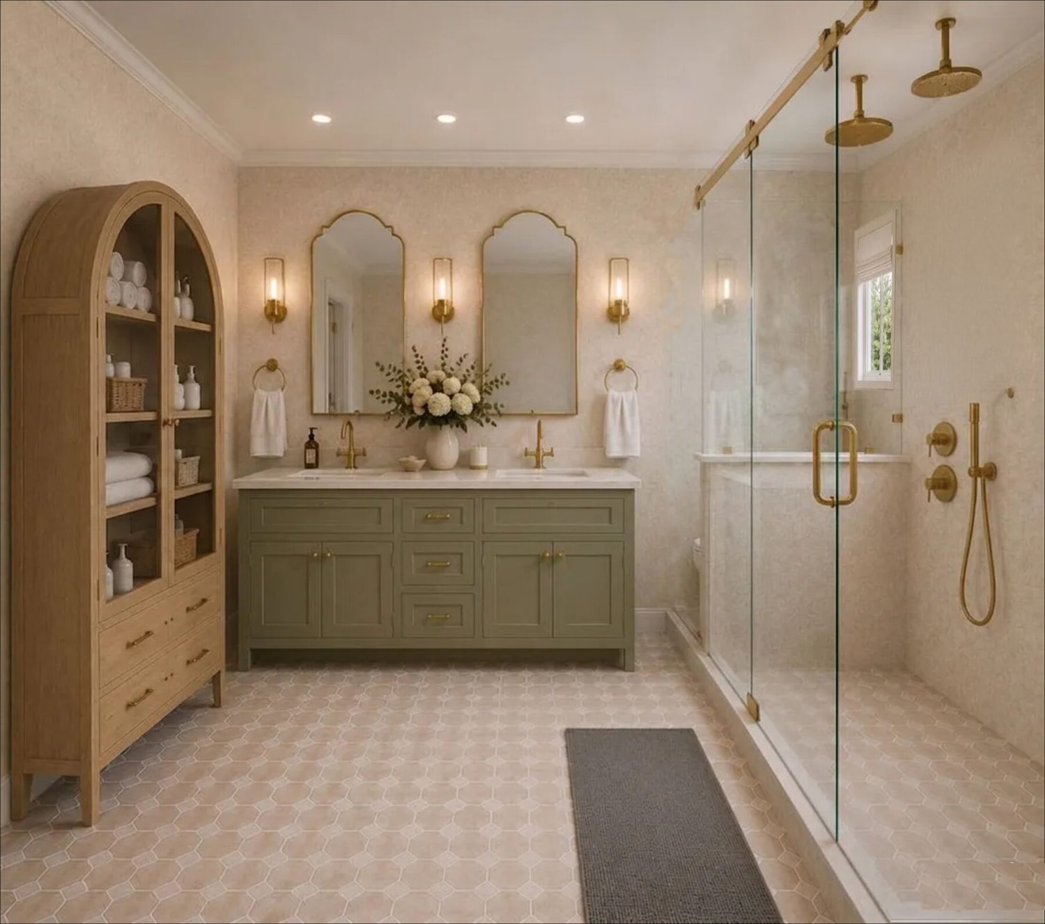 Timeless warm refined primary bathroom with arched wood cabinet and sage vanity