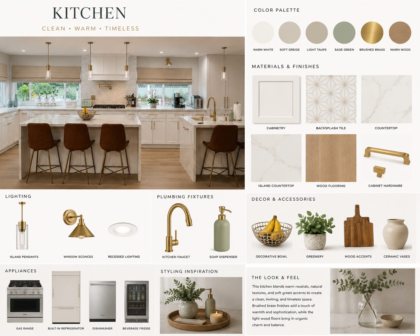 Transitional kitchen materials board with cabinetry, backsplash tile, and countertop swatches