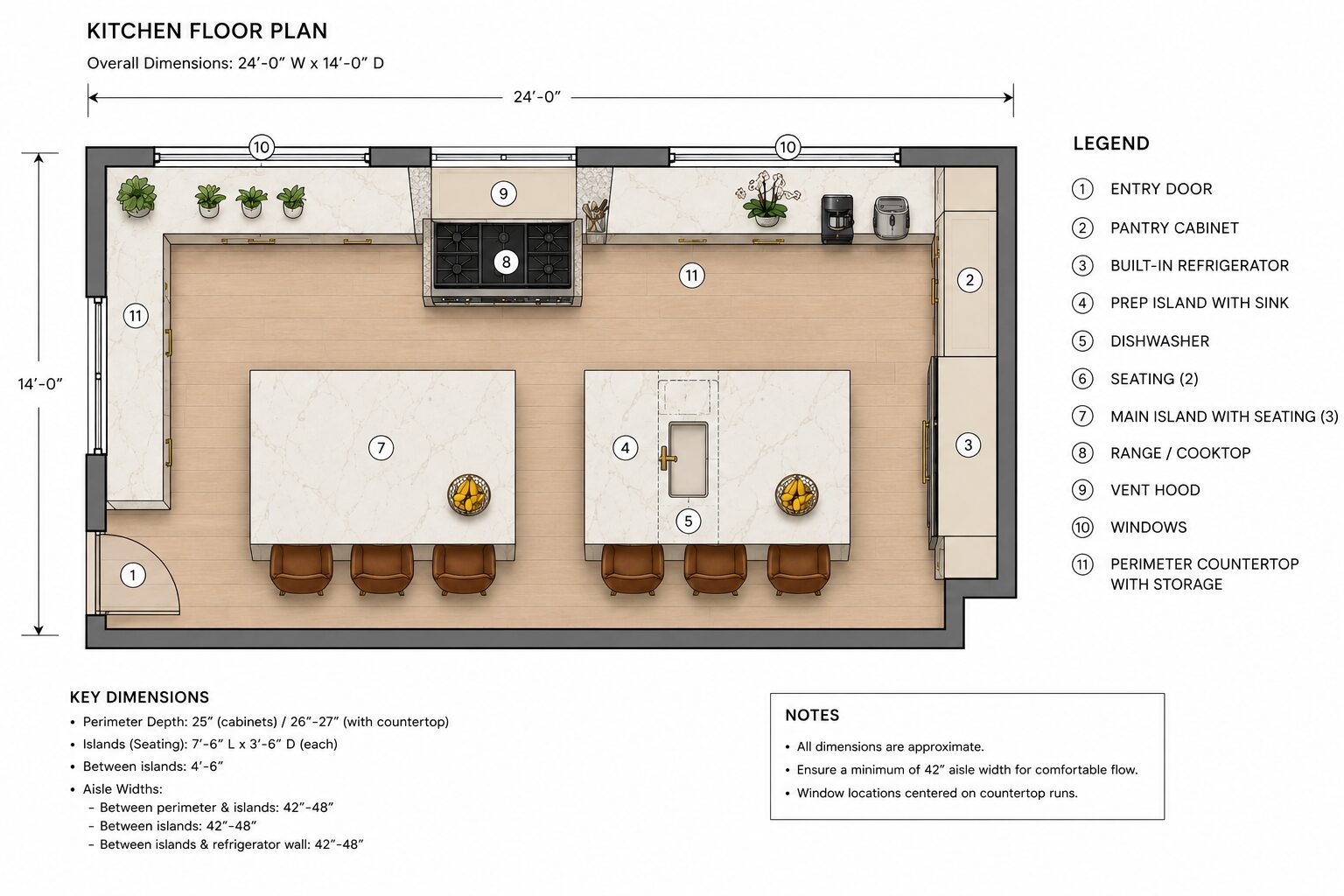 Transitional kitchen floor plan with two islands, range, pantry, and refrigerator