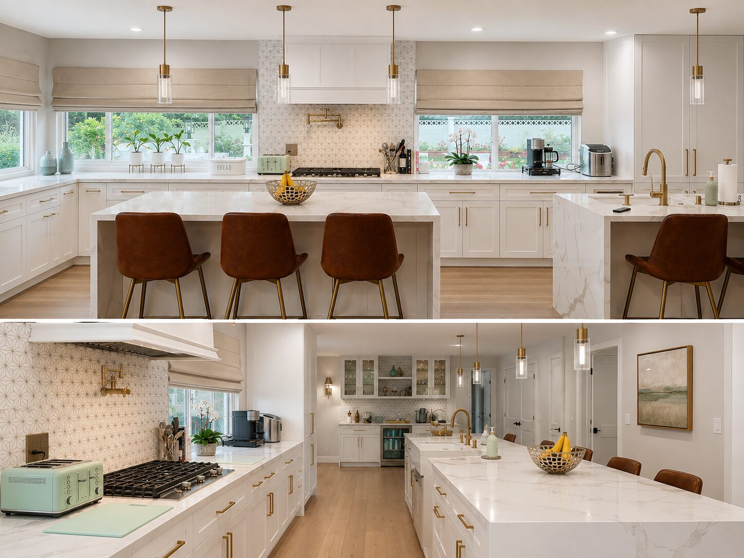 Transitional warm white kitchen render with double islands, brass pendants, and leather counter stools